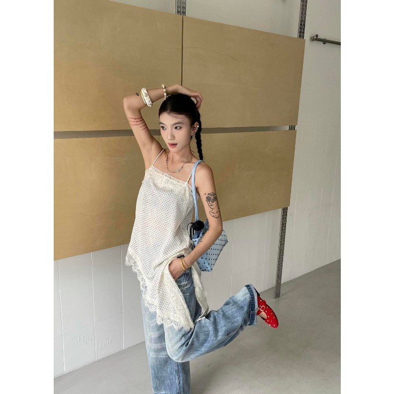 Crush เสื้อกล้ามสายบางลายจุดเล็กสีขาว คอU ขอบลูกไม้ รูปที่ 6