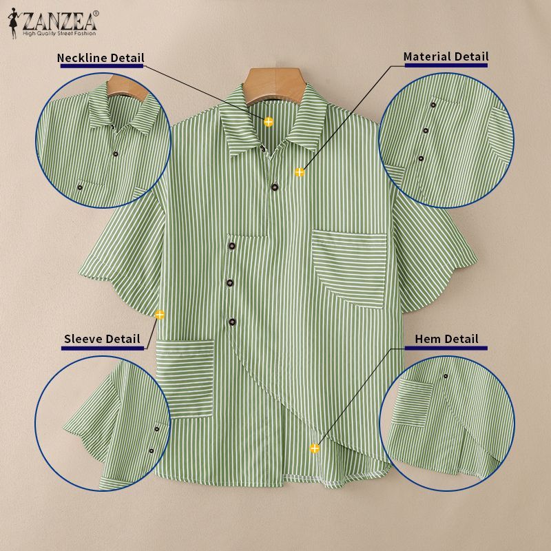 ZANZEA ซานเซีย เสื้อสตรีเกาหลีหลวมแขนสั้นลายหยักแบบอสมมาตรเสื้อลําลอง — صورة 7