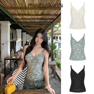 MOSESQUEEN เสื้อเสื้อเบลเซอร์สายเดี่ยวคอวีสายเดี่ยวลูกไม้โปร่งสไตล์ฝรั่งเศสย้อนยุคเย็บสองชั้น #63776