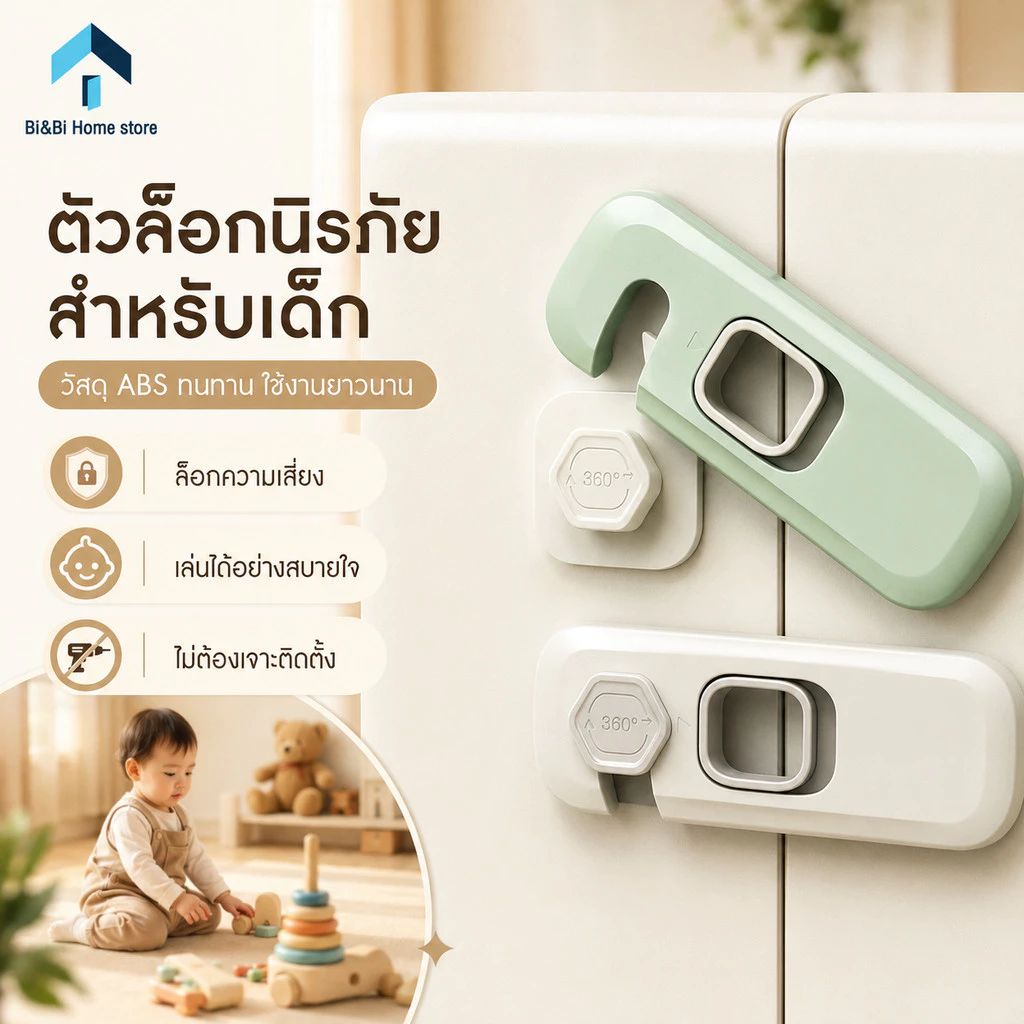 ตัวล็อกกันเด็กเปิดตู้ ลิ้นชัก ตู้เย็น ที่ล็อกนิรภัยสำหรับเด็ก ติดกาวแน่นไม่ทิ้งคราบ ไม่ต้องเจาะ (มี 3 สี)
