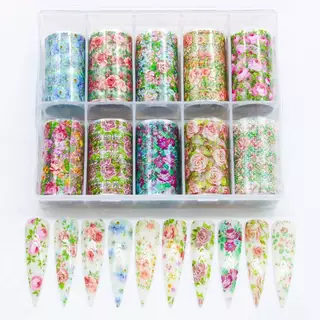 DSTH 10 ม้วนเล็บฟอยล์ชุดดอกไม้ Rose Transfer กระดาษผีเสื้อดอกไม้ Sliders สําหรับ DIY เล็บ Salon เครื่องมือตกแต่งบ้านร้อน