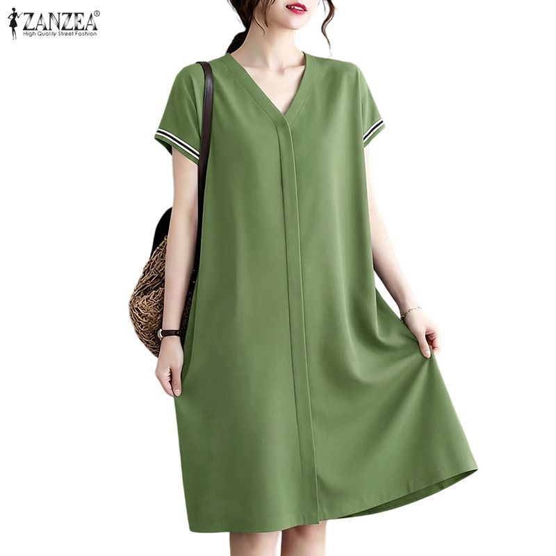 ZANZEA ซานเซีย ผู้หญิงแฟชั่นเกาหลีสไตล์ลําลองคอวีแขนสั้น ไร้กระเป๋า สีบล็อกลายชุดหลวม — صورة 4