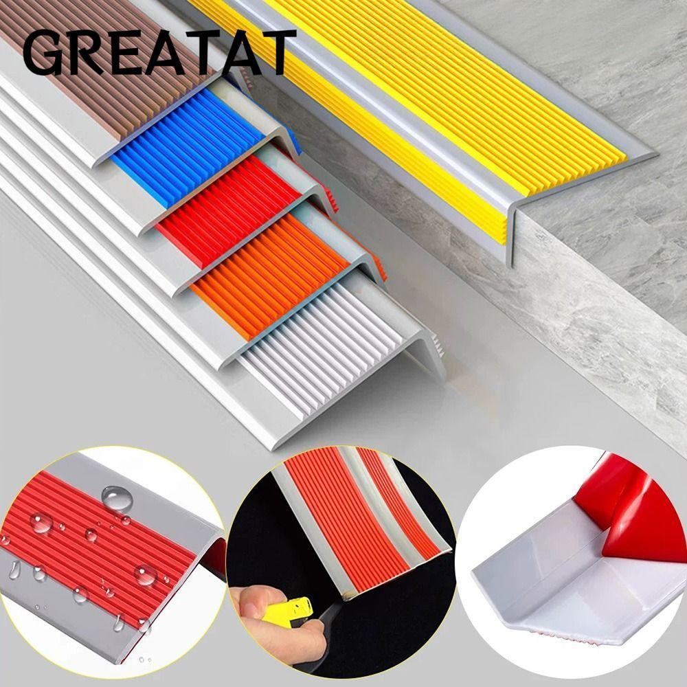GREAT แถบขอบบันได, เทปกันลื่นบันไดกันน้ํา PVC, แถบกันลื่นแบบมีกาวในตัวรูปตัว L ในร่มและกลางแจ้ง