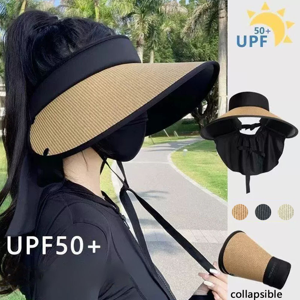 UPF50+ หมวกบังแดดฟางแบบพับได้พร้อมคอพนังสําหรับผู้หญิงป้องกันรังสียูวีหมวกกลางแจ้งปีกกว้าง