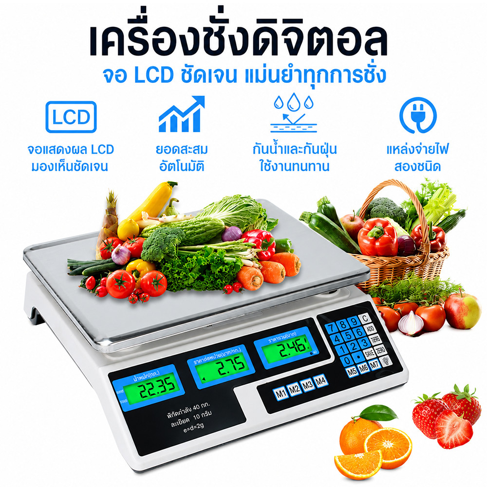 เครื่องชั่งดิจิตอล 40kg กันน้ำ ตาชั่งดิจิตอลความแม่นยำสูง ทนทาน ใช้งานง่าย เหมาะสำหรับชั่งสินค้า ร้านค้า และครัวเรือน