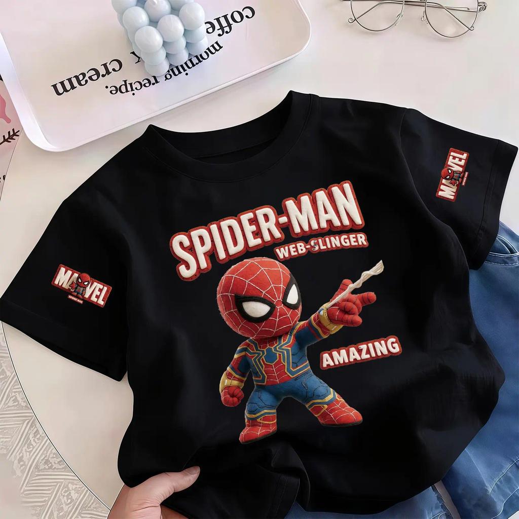 เสื้อยืดเด็กผู้ชาย ลายสไปเดอร์แมนพิมพ์เลียนแบบปักผ้า ผ้านุ่มระบายอากาศ ยืดหยุ่น ไม่เป็นขน ทรงหลวม พร้อมส่ง COD อายุ2-14ป