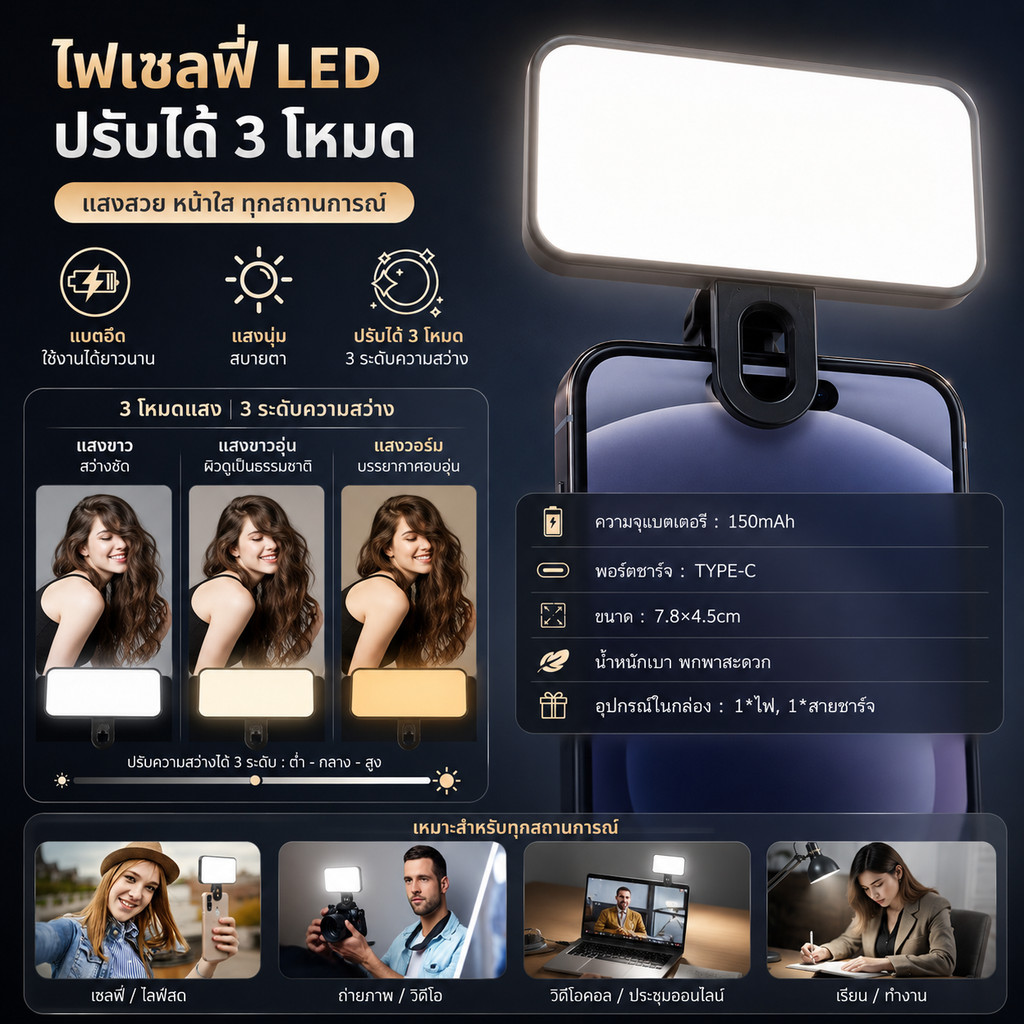 Metavice ไฟเซลฟี่ LED แบบคลิปหนีบ ชาร์จ USB ปรับได้ 3 สี 3 ระดับ สำหรับมือถือ iPad โน้ตบุ๊ก ไลฟ์สด ถ่ายรูป ME207