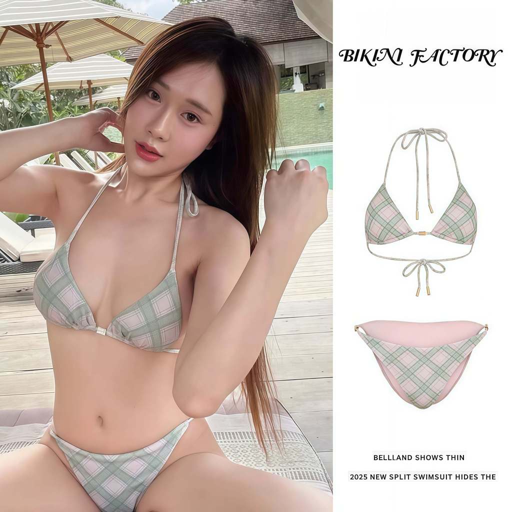 ส่งไวจากไทย บิกินี่ ลายสก็อต bikini sexy two piece ผูกคอ เว้าหลัง 🌻 มีไซส์ S-L | น้ำหนัก 38-58 กก. Y429