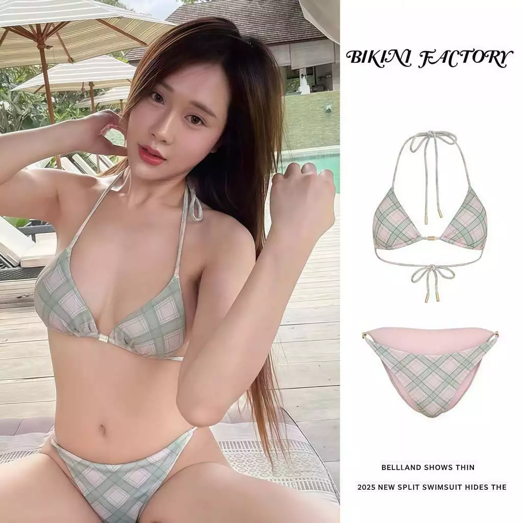 ส่งไวจากไทย บิกินี่ ลายสก็อต bikini sexy two piece ผูกคอ เว้าหลัง 🌻 มีไซส์ S-L | น้ำหนัก 38-58 กก. Y429