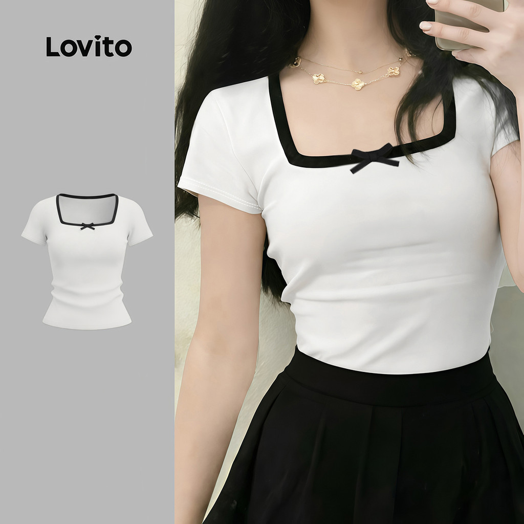 Lovito เสื้อยืดลําลองสําหรับผู้หญิง สีบล็อก ประดับโบว์ สีฤดูใบไม้ผลิ/ฤดูร้อน สีขาวอ่อน LK4ED2364