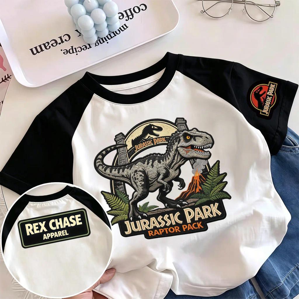 เสื้อยืดแขนสองสีเด็กผู้ชายลายไดโนเสาร์ Jurassic Park ทรงหลวม ผ้านุ่มระบายอากาศ ยืดหยุ่น ไม่เป็นขุย
