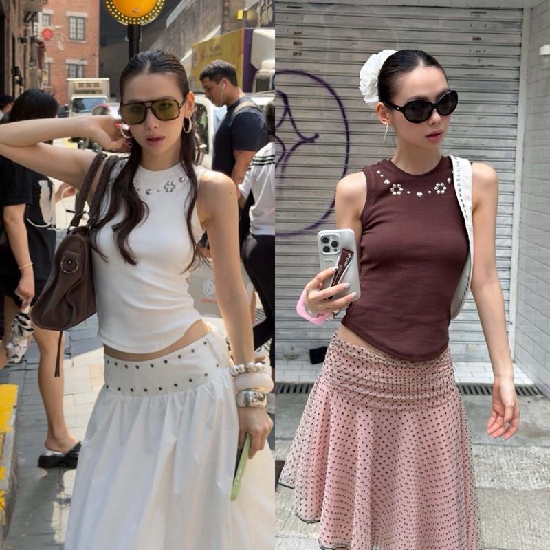 BY0529 เสื้อกล้ามคอชิด ผ้าร่องยืด แต่งหมุดสีเงิน