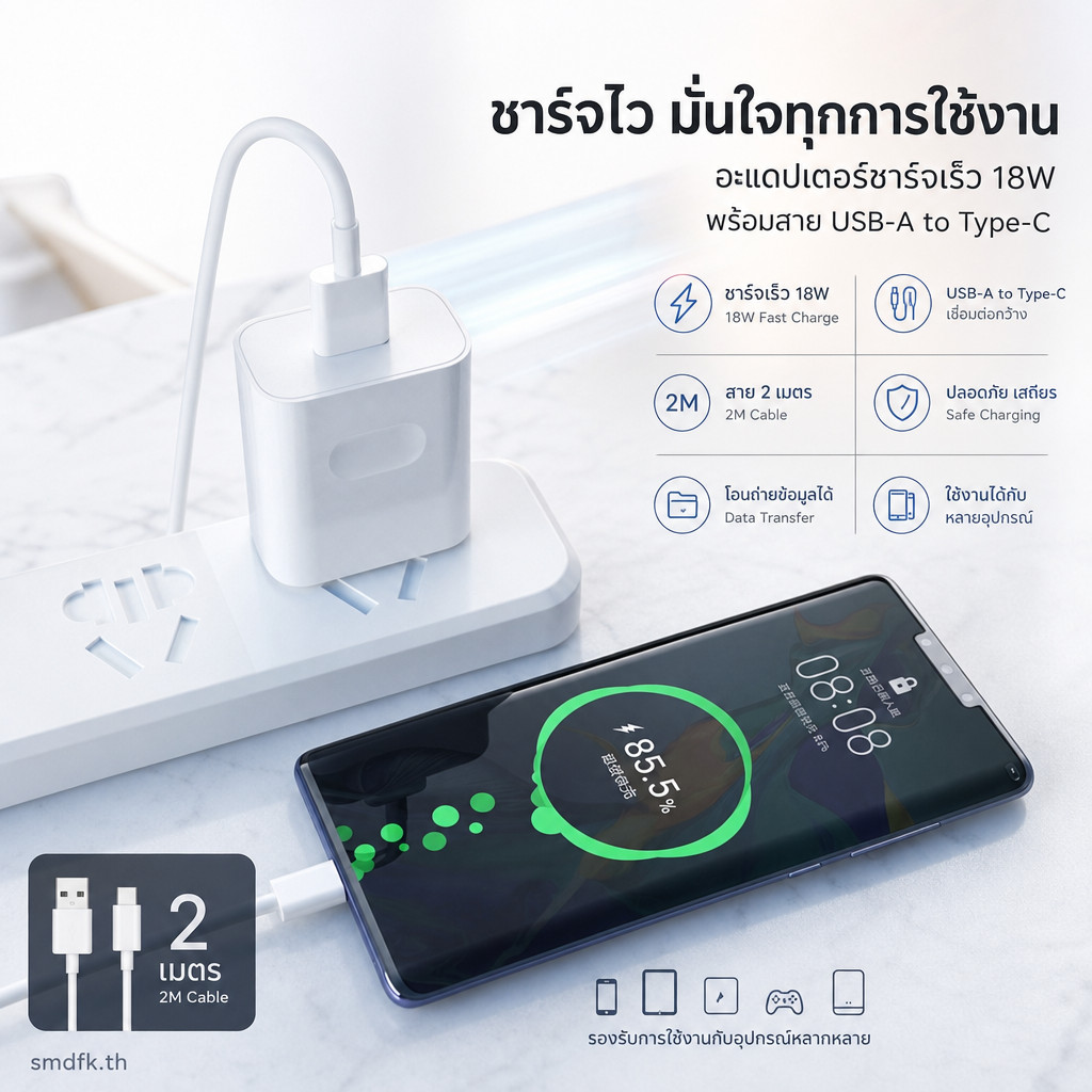 หัวชาร์จเร็ว Huawei 18W พร้อมสาย USB-A to Type-C 2M รองรับ MatePad T8 ชาร์จไว เสถียร ตัดไฟอัตโนมัติ