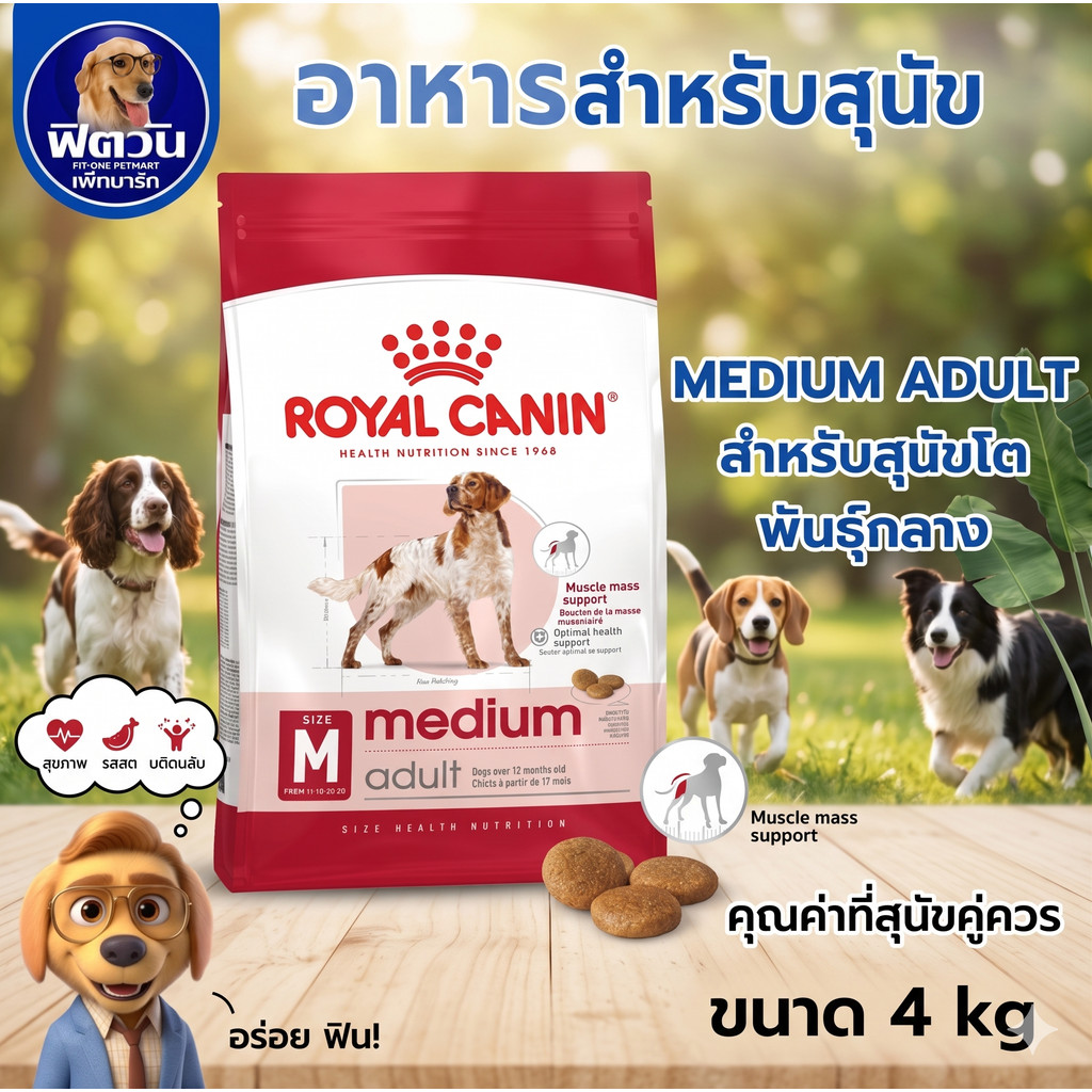 ROYAL CANIN MEDIUM ADULT สุนัขอายุ1ปีขึ้นไป พันธ์ุกลาง  15 KG.{อาหารสุนัขเม็ด}