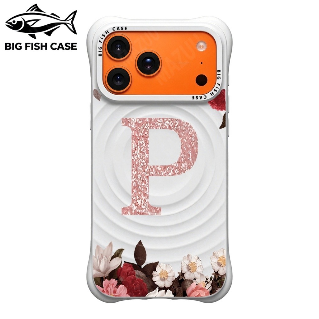 เคสไอโฟน ซิลิโคนสีขาว กันกระแทก ลายตัวอักษร P สีชมพูแกลิตเตอร์กับดอกไม้แม่เหล็ก มุมหนา สำหรับ iPhone 17 16 15 14 13 12 1