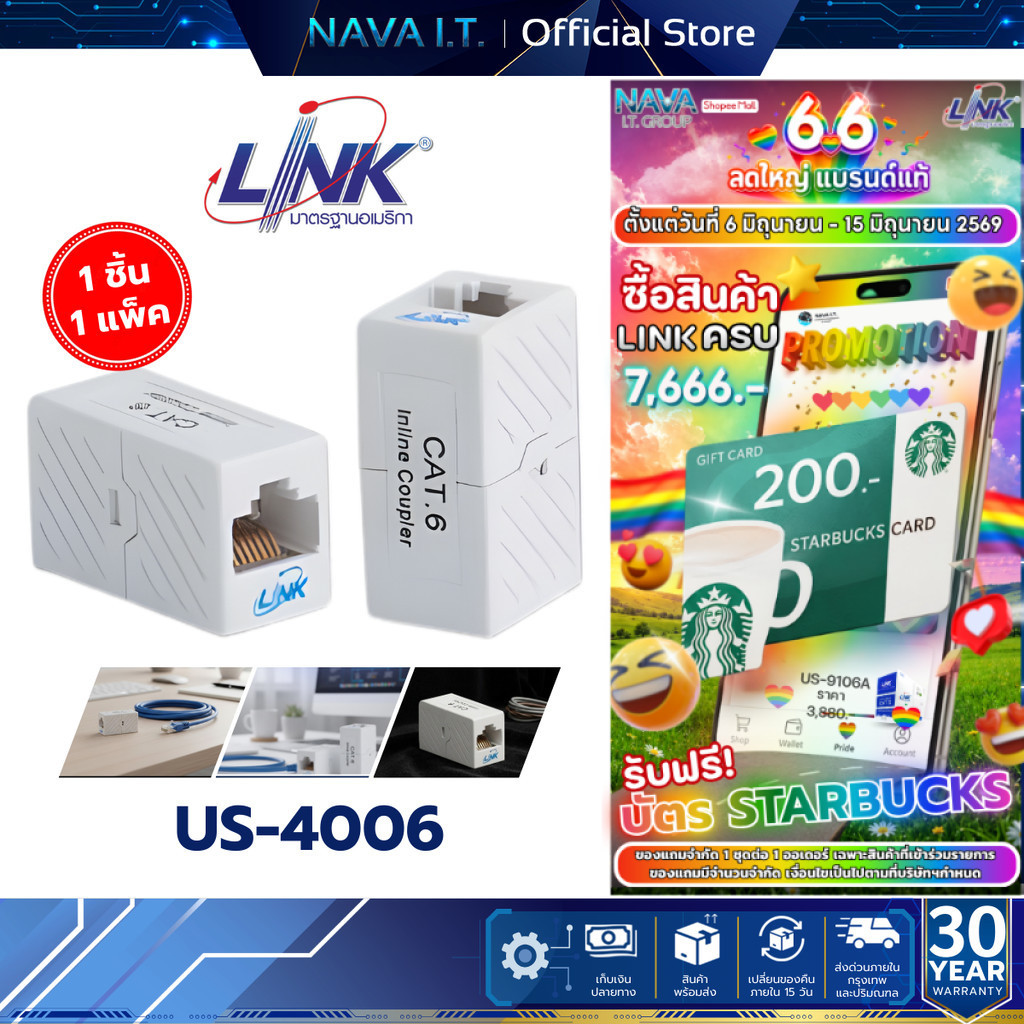 LINK US-4006 CAT6 ตัวต่อแลน RJ45 ตัวเมีย 2 ด้าน IN-LINE COUPLER FOR PATCH PANEL ของแท้ 100%