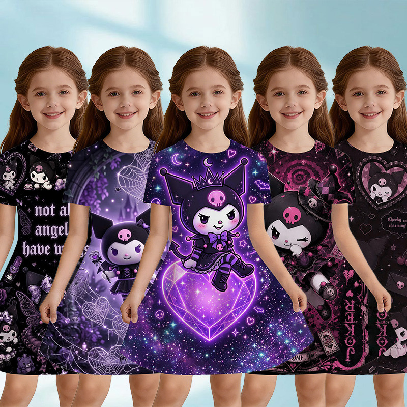 Kuromi 3-13 ปีหญิงชุดแขนสั้นผ้าไหมน้ําแข็ง Breathable ผ้า 3D Dark Sweet Cool พิมพ์สาวทุกวันสบายๆสไตล์ Childlike กระโปรง Cool Eye-le ดูอารมณ์อินเทรนด์ Play Party/Street สวมใส่เด็กที่ไม่ซ้ํากัน First Cho