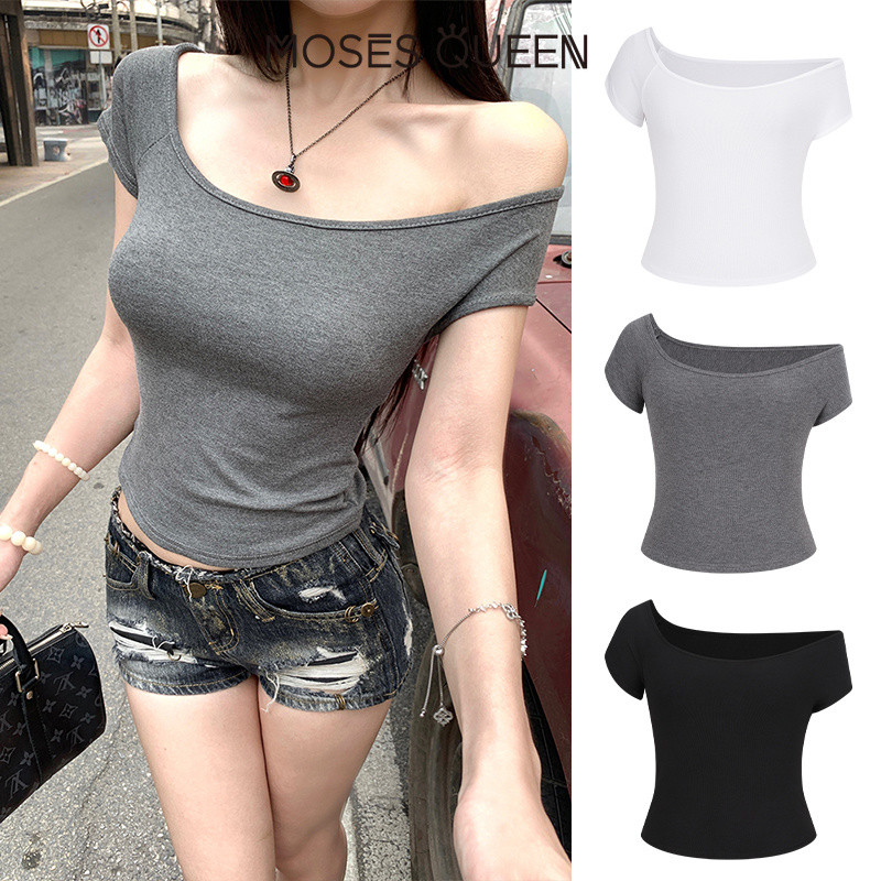 MOSESQUEEN เสื้อยืดแขนสั้นแบบสายคล้องไหล่ สีดำ ออกแบบเฉพาะตัว สวมแล้วดูเซ็กซี่และกระชับ เหมาะสำหรับสวมใส่ประจำวันหรือออกงานกลางแจ้ง #63436