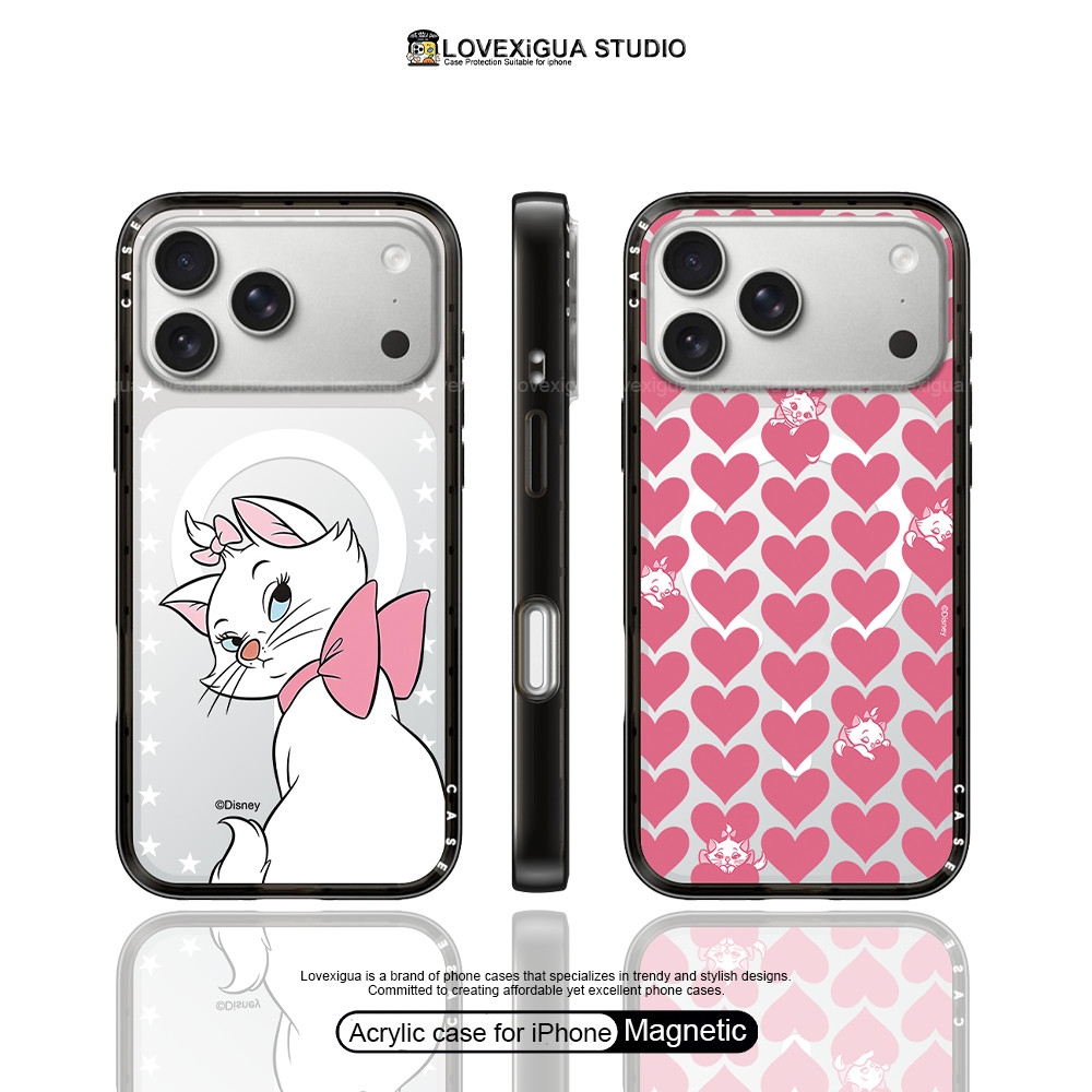 การ์ตูนโปร่งใสน่ารักสีชมพู Love Cat เคสโทรศัพท์แม่เหล็กสําหรับ iPhone 17Pro Max 17 Air 16 Plus 15 14 13 Pro Max กรณีขนาดกะทัดรัดกันกระแทกฝาครอบป้องกัน