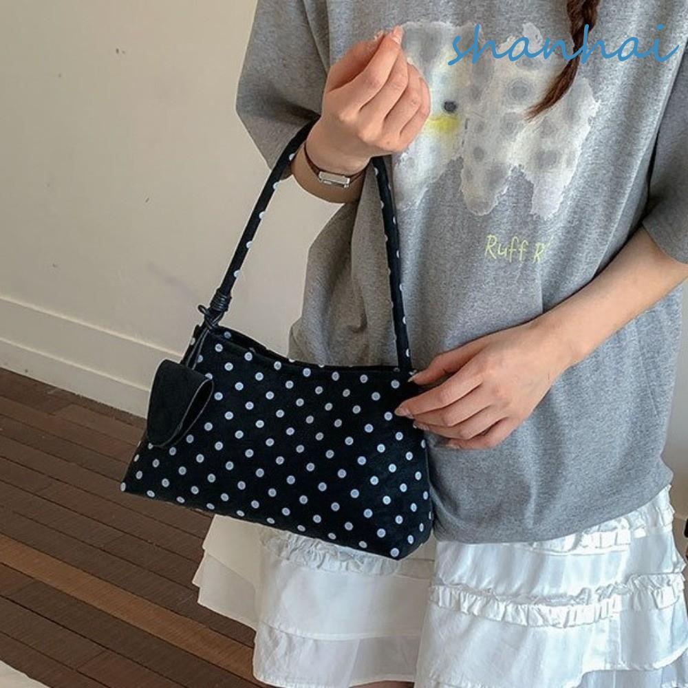 SHANHAI Polka Dot กระเป๋าใต้วงแขน, การออกแบบอเนกประสงค์ Matte Casual Tote กระเป๋าถือ, Niche ซิปปิดน้ําหนักเบาขนาดใหญ่ความจุ PU หนังไหล่กระเป๋าช้อปปิ้ง