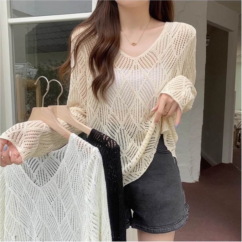 เสื้อคลุมกันแดดแขนยาวคอวีสไตล์เกาหลีสำหรับผู้หญิง ทรงหลวม เนื้อผ้าโปร่ง เหมาะสำหรับฤดูร้อน