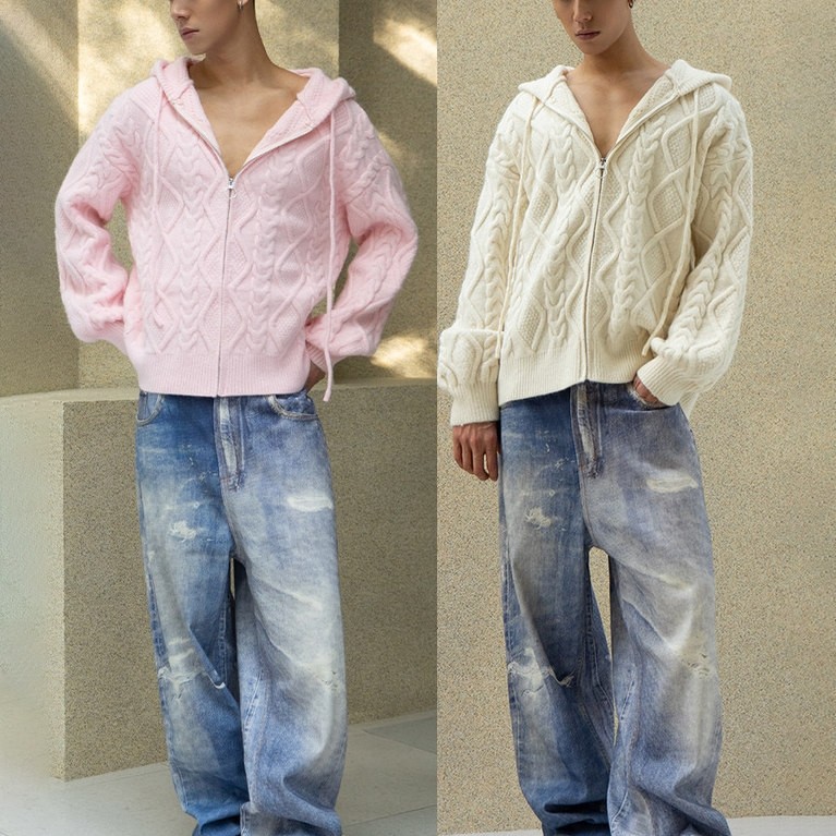 CLP สีชมพูแอปริคอทถักเสื้อแขนยาวเสื้อกันหนาวเสื้อกันหนาวเสื้อกันหนาวผู้ชายซิปแจ็คเก็ตคลุมด้วยผ้าหลวม
