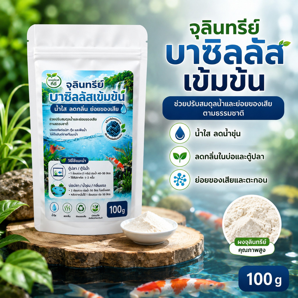 จุลินทรีย์บาซิลัสเข้มข้น 100 กรัม ย่อยขี้ปลา ลดแอมโมเนีย ตู้ปลา บ่อปลา น้ำใส ลดกลิ่น ตู้ไม้น้ำ