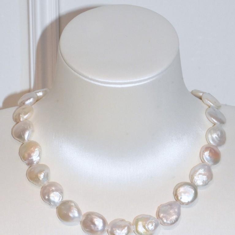 3A Freshwater Coin Necklace in Copper - Double O Clasp - White (13 -14mm)