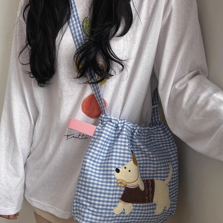 OK ครัวน้อยเวอร์ชั่นเกาหลีน่ารัก Messenger กระเป๋าผ้าใบสาว Dopamine Dachshund Dog ปัก Drawstring Dra