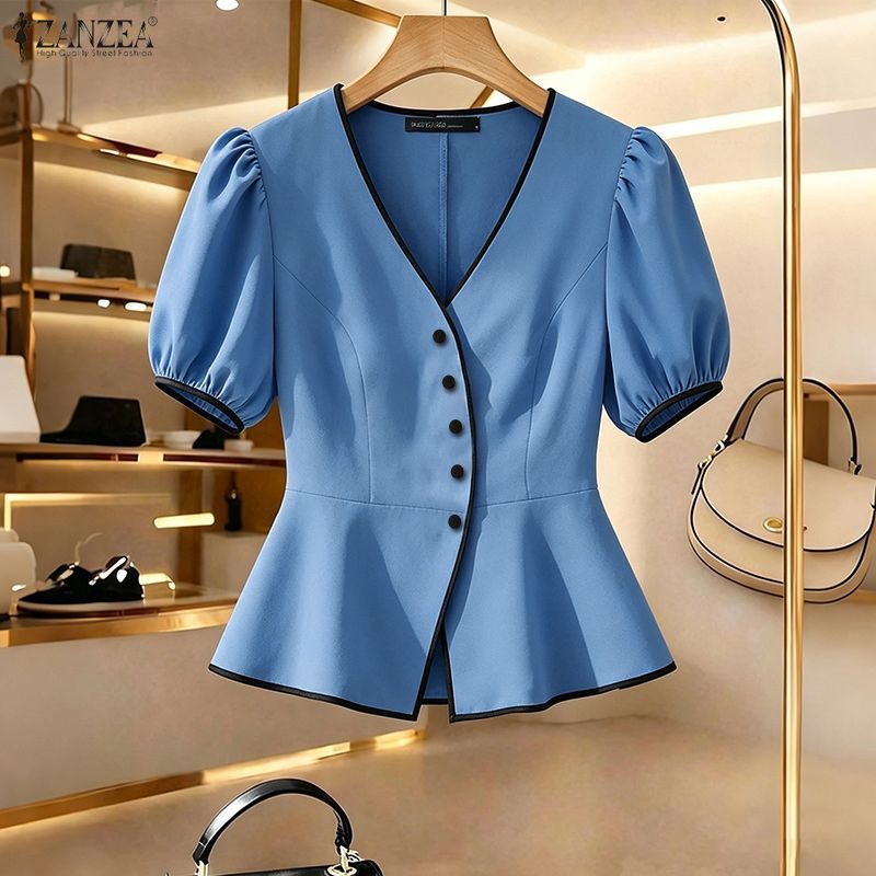 ZANZEA ผู้หญิงเกาหลี Elegant Officewear V คอพัฟแขนปุ่ม Contrast Edge Ruffles Hem เสื้อ — صورة 4