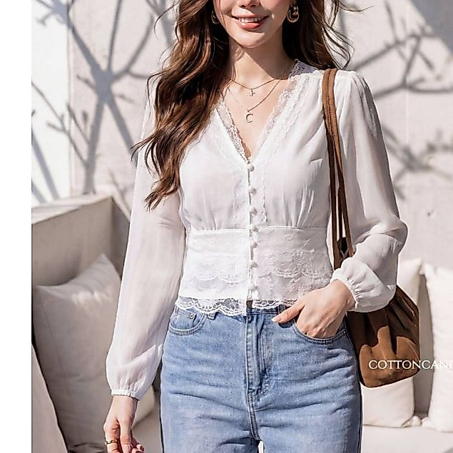 c38 cottoncandy New Hilook korea เสื้อคอวีแต่งแถบลูไม้ บ่าซีทรู กระดุมเรียงด้านหน้า แขนยาวปลายแขนจั้ม ช่วงเอวแต่งลูกไม้