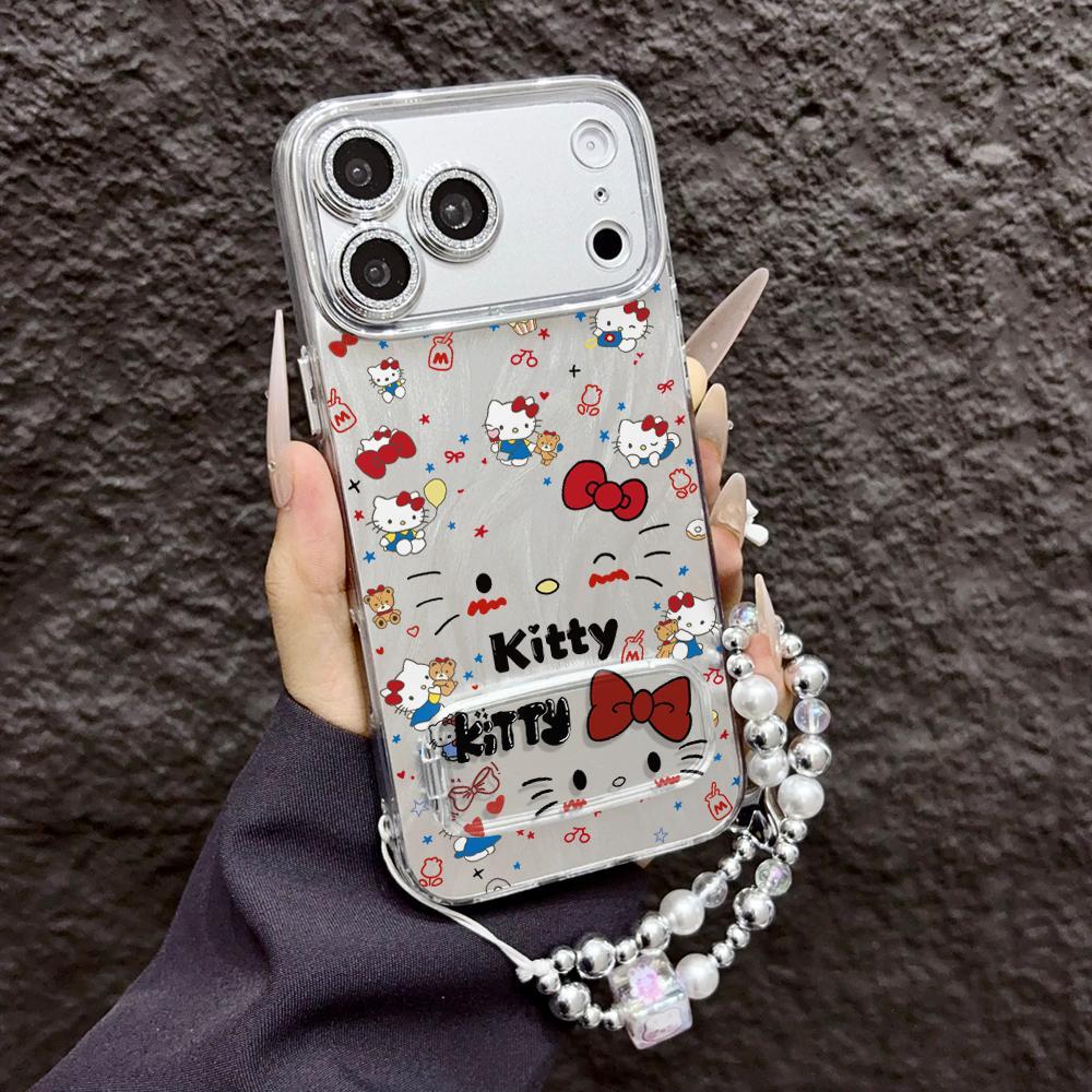 เคสไอโฟน ป้องกันเลนส์ ลายแมวการ์ตูนโบว์น่ารัก มีขาตั้งในตัว สำหรับไอโฟน iPhone 11 13 15 18/17 Pro Max พร้อมส่ง-LRYSJK21