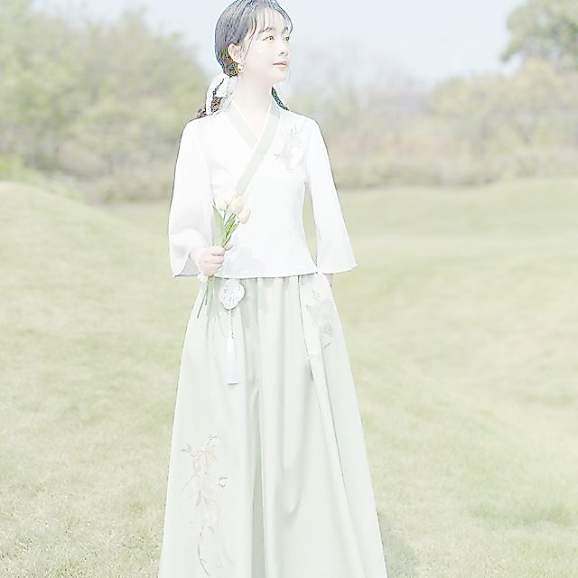 T Tang ชุดหญิงสไตล์จีนปรับปรุง Hanfu ทุกวันชุด Cheongsam Top V คอหูหยิบชา Art ชุด fs808 4.9