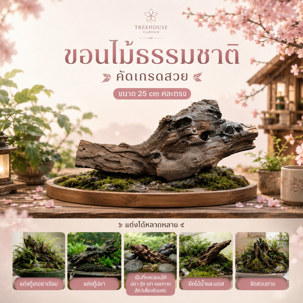 ขอนไม้แต่งตู้ปลา ขนาด 20-25cm ชนิดไม่จม ไม้เทอราเรียม เปลือกไม้ธรรมชาติ แต่งสวนถาด ยึดมอส ไม้น้ำ