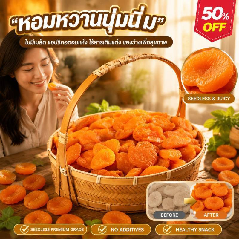 แอปริคอตอบแห้งไร้เมล็ด รสหวานอมเปรี้ยว เนื้อนุ่มเคี้ยวเพลิน แยกซอง สะดวกทาน ขนมผลไม้