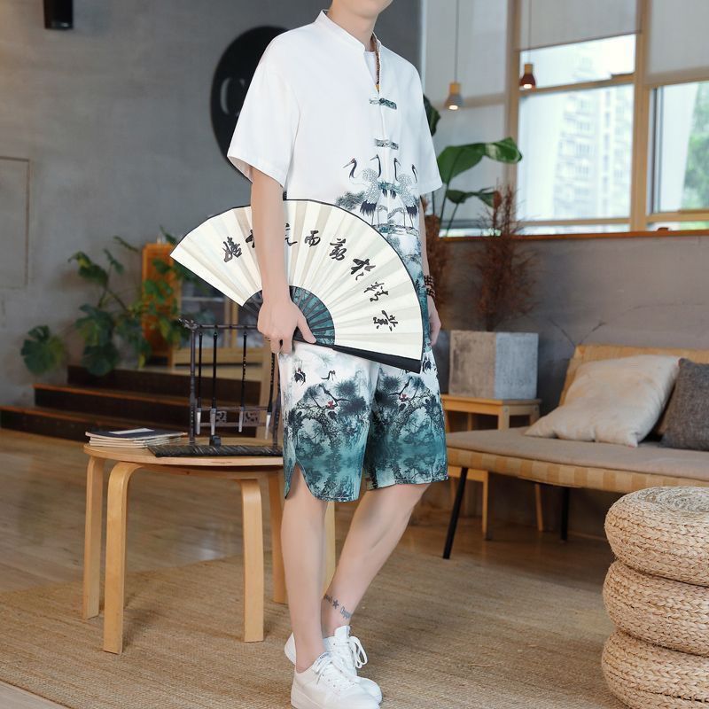 【ks1195.th】 新中式全套国风男士夏季套装旅游装青少年国潮T恤短裤两件套直筒New Chinese Style Full Set Guofeng Men's Summer Suit Trave