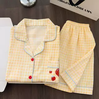 ฤดูร้อนกางเกงขาสั้นแขนสั้น Cloud Cotton Lapel ชุดนอนผู้หญิง Simple Comfort คาร์ดิแกน Hom