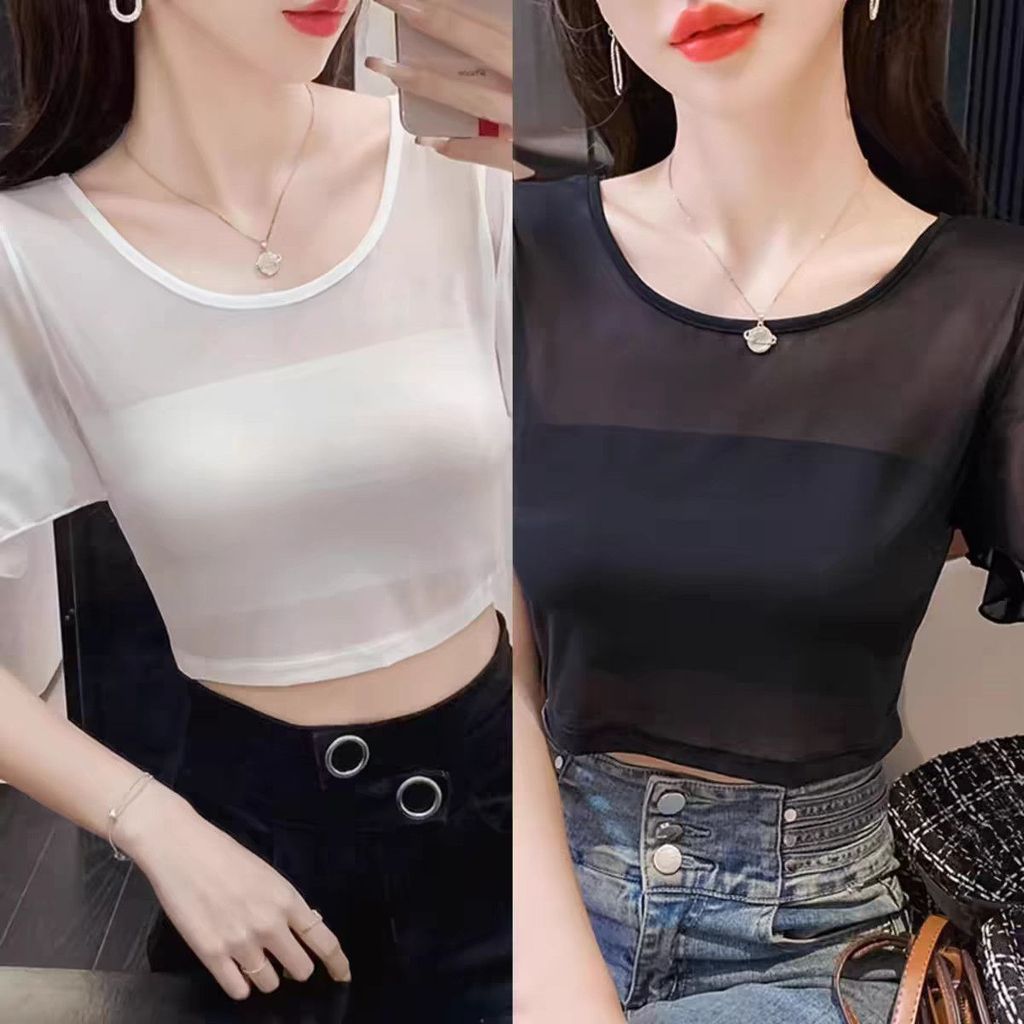 เสื้อยืดผ้าโปร่งบางเฉียบ Base Fairy Half-See-Through Top Round Neck Bat Short-#超薄网纱T恤打底仙女半截透视上衣圆领蝙蝠短