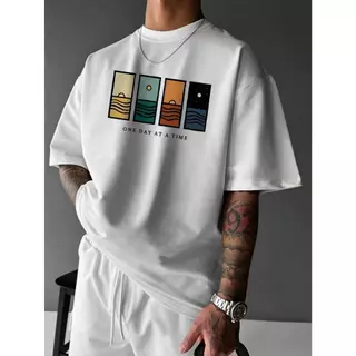 Y-T🧸เสื้อยืดชาย เสื้อยืด oversize ผ้าฝ้าย100% ไม่ต้องรีดผ้า สวมใส่สบาย วินเทจ ผ้านิ่ม ลาย "ONE DAY AT A TIME”