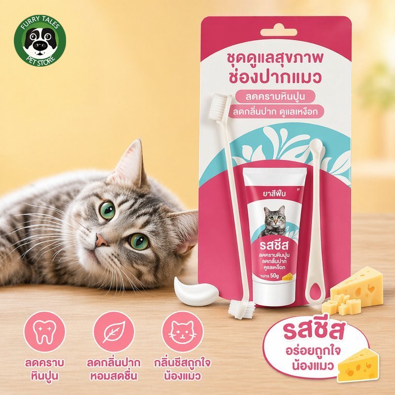 ยาสีฟันแมว แปรงสีฟันแมว ชุดทำความสะอาดฟันแมว รสชีส ลดกลิ่นปาก กำจัดพลัค ควบคุมหินปูน ดูแลเหงือก