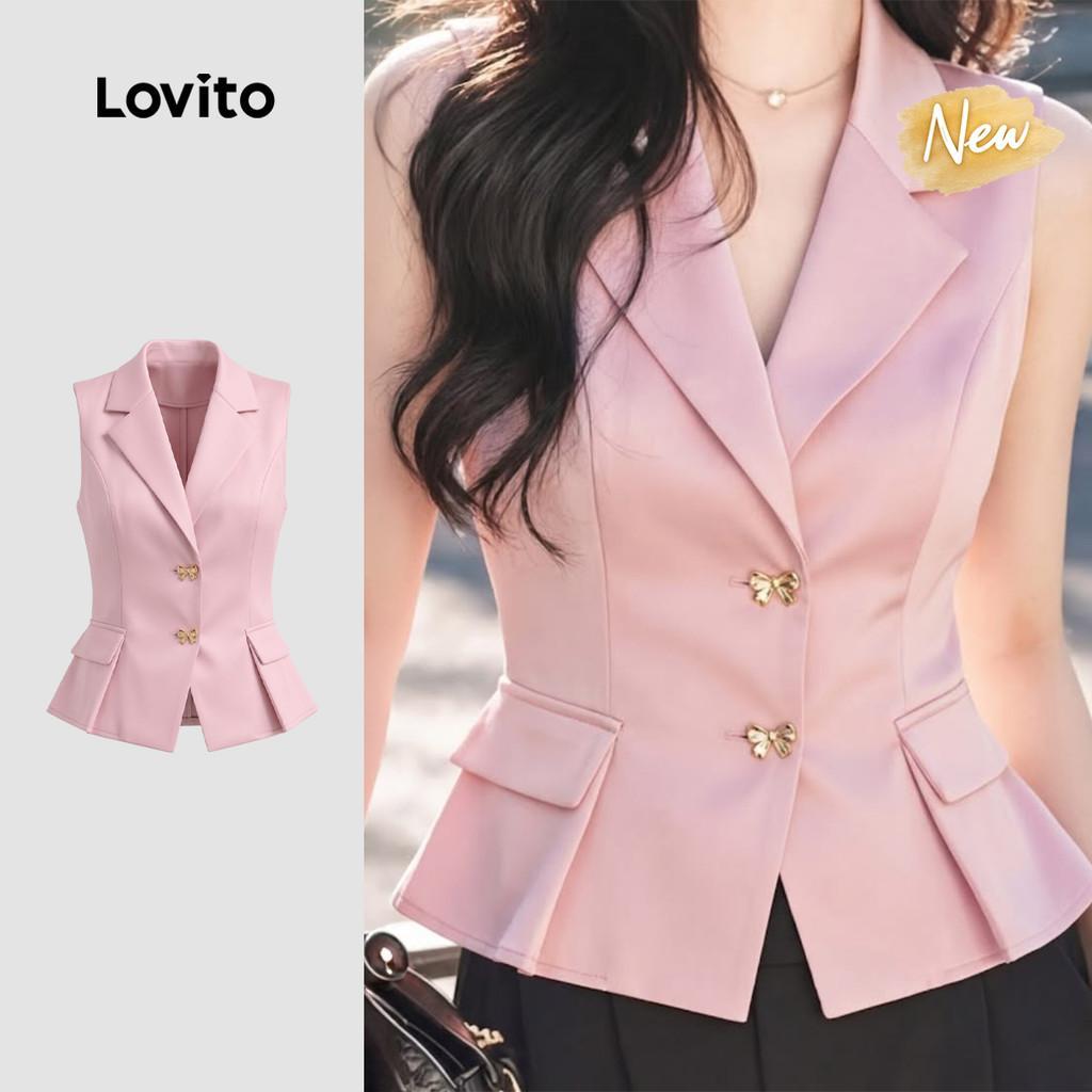 (New Arrival) Lovito เสื้อเบลาส์ผู้หญิงสีชมพูอ่อนฤดูร้อน/ฤดูร้อน มีกระเป๋าปลอม กระดุมหน้า สไตล์เรียบ