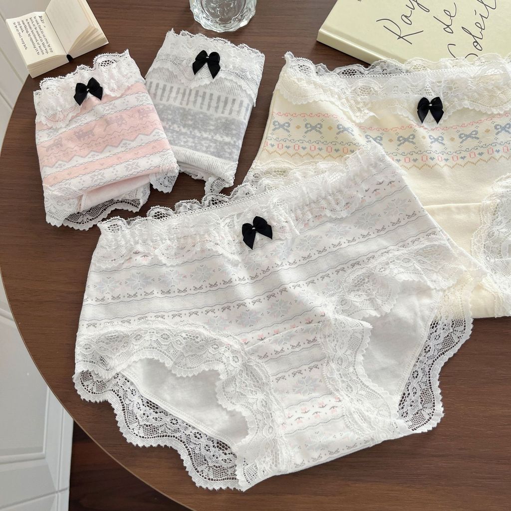 👩‍🦰🎀างเกงในผ้าฝ้ายแท้ ขอบลูกไม้ ลายสไตล์แฟร์ไอล์ เป้ายาว ซับเป้าต้านแบคทีเรีย สำหรับผู้หญิง🛒