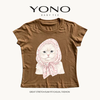 (พร้อมส่ง24ชม) YONO baby tee เสื้อยืดผู้หญิง ลายแมวน่ารัก ทรงเข้ารูป สไตล์เกาหลี y2k ใส่แล้วดูน่ารัก