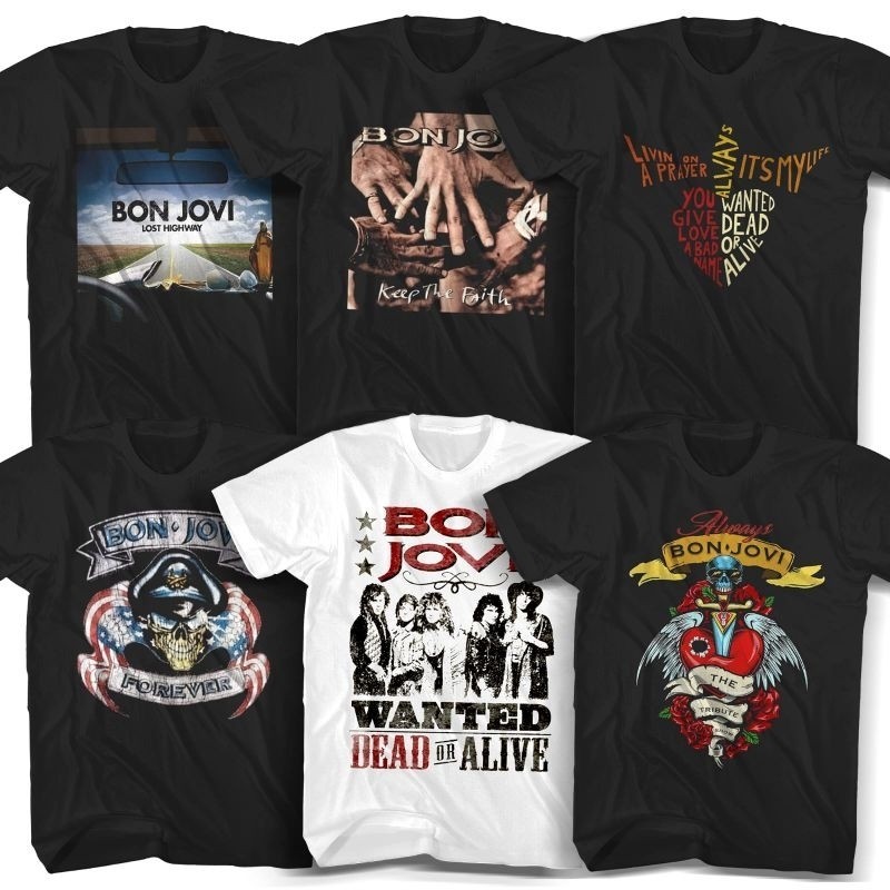เสื้อยืด Bon Jovi Band ผ้าคอตตอน 100% สวมใส่ได้ทั้งชายและหญิง ลายวงร็อคสไตล์วินเทจฮิต สบายใส่ทุกวัน 