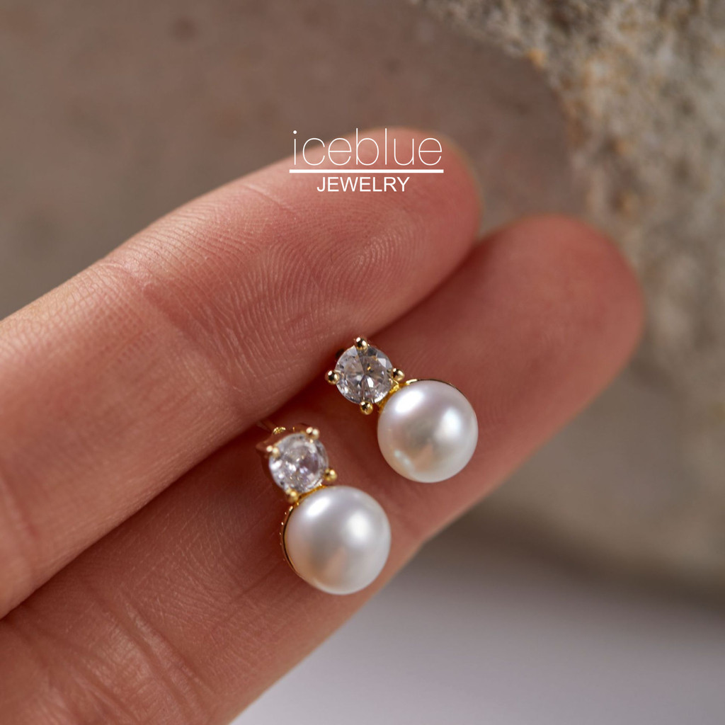 Iceblue-ธรรมชาติไข่มุกน้ําจืดZirconสตั๊ดต่างหู 14K Gold Plated Elegantแฟชั่นเครื่องประดับสําหรับผู้หญิงE172