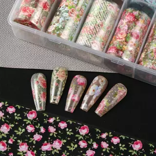 DSTH 10 ม้วนเล็บฟอยล์ชุดดอกไม้ Rose Transfer กระดาษผีเสื้อดอกไม้ Sliders สําหรับ DIY เล็บ Salon เครื่องมือตกแต่งบ้านร้อน