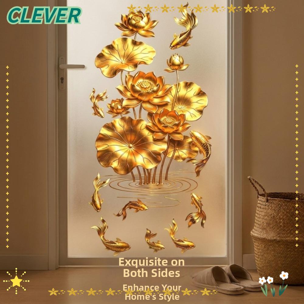 CLEVER สติ๊กเกอร์ดอกไม้ก้อย, สติ๊กเกอร์ติดผนังดอกบัวสีทองป้องกันไฟฟ้าสถิตพลาสติก, ผลสติ๊กเกอร์ประตูกระจกสไตล์จีนสําหรับห้องน้ําห้องนั่งเล่นและห้องนอน