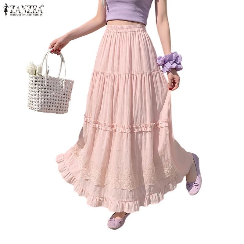 ZANZEA ผู้หญิงเกาหลีสไตล์สาวเอวยางยืดชั้นจีบ Patchwork สีทึบลูกไม้ A-line กระโปรง — صورة 4