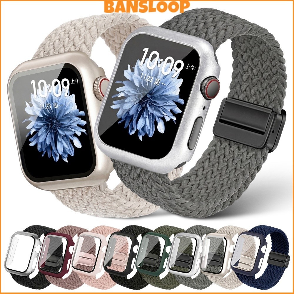 ฝาครอบคลุมกรณี PC สายรัดไนล่อนถัก for IWatch Apple Watch SE/Ultra 3 2 Series 11 10 9 8 7 6 5 4 49 46 45 41 44 40 42 38มม