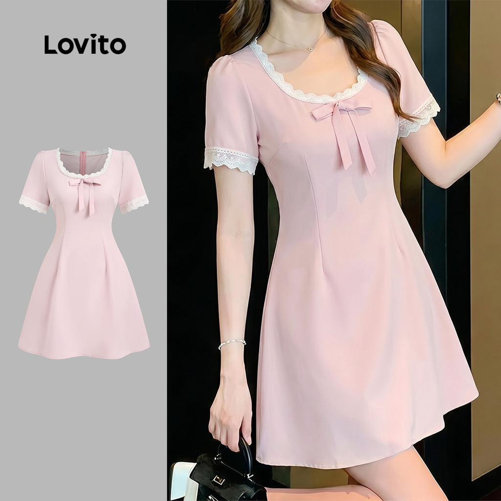 Lovito เดรสสีชมพูฤดูร้อน/ฤดูร้อนแบบสบาย ๆ สําหรับผู้หญิง เดรสโบว์ระบายตัดสี LK5ED491